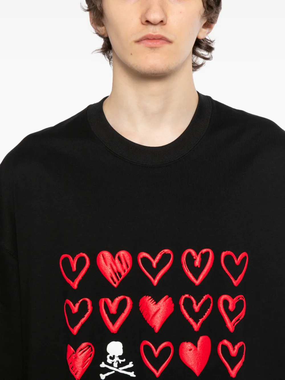 Mastermind Japan T-shirt met grafische hart- en doodskopprint Zwart