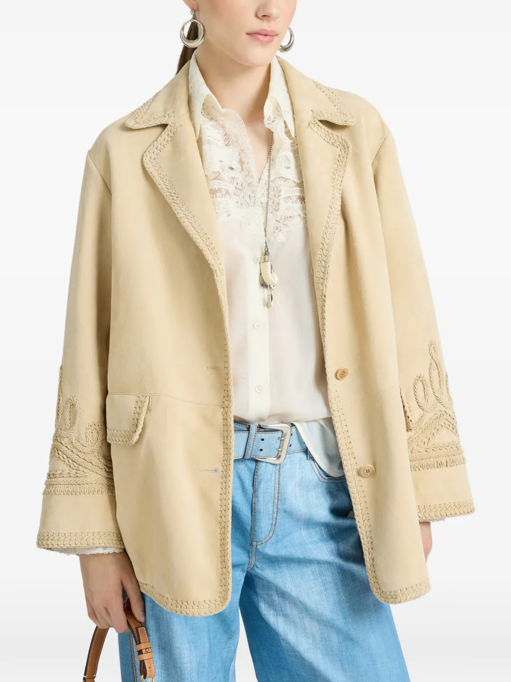  Ermanno Scervino Embroidery Suede Jacket - Neutrals 
