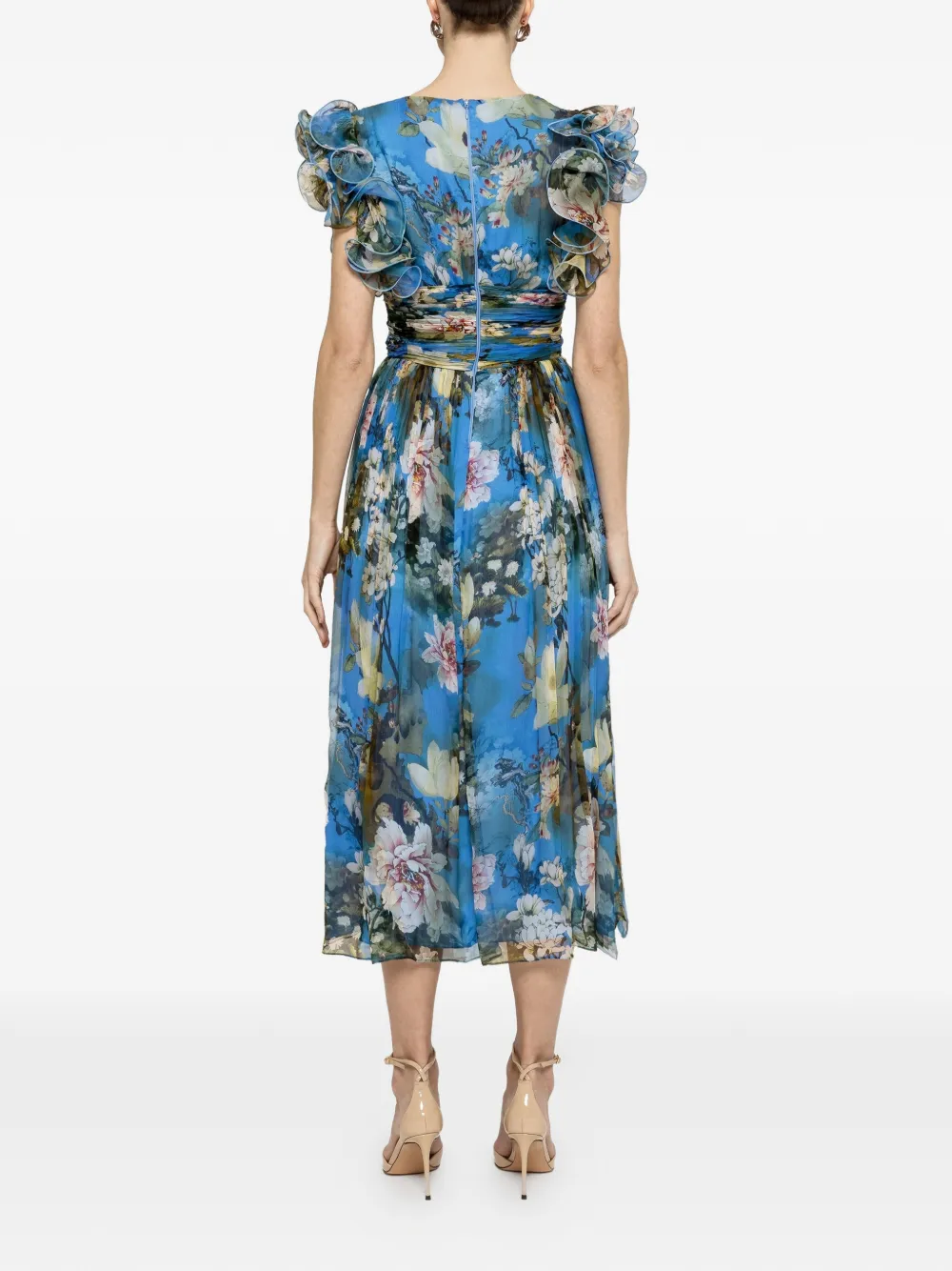  Nissa Ruffled Floral Print Midi Dress - Blue 