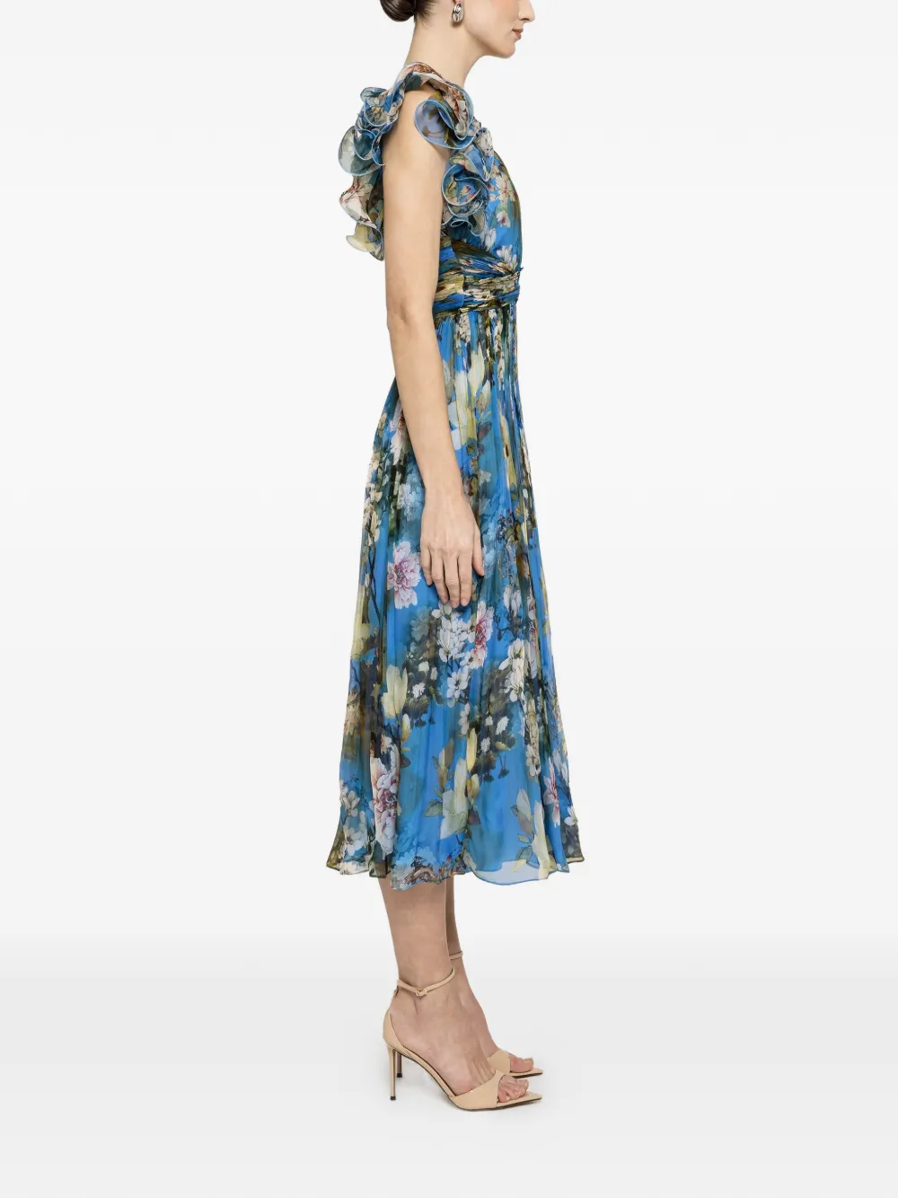  Nissa Ruffled Floral Print Midi Dress - Blue 
