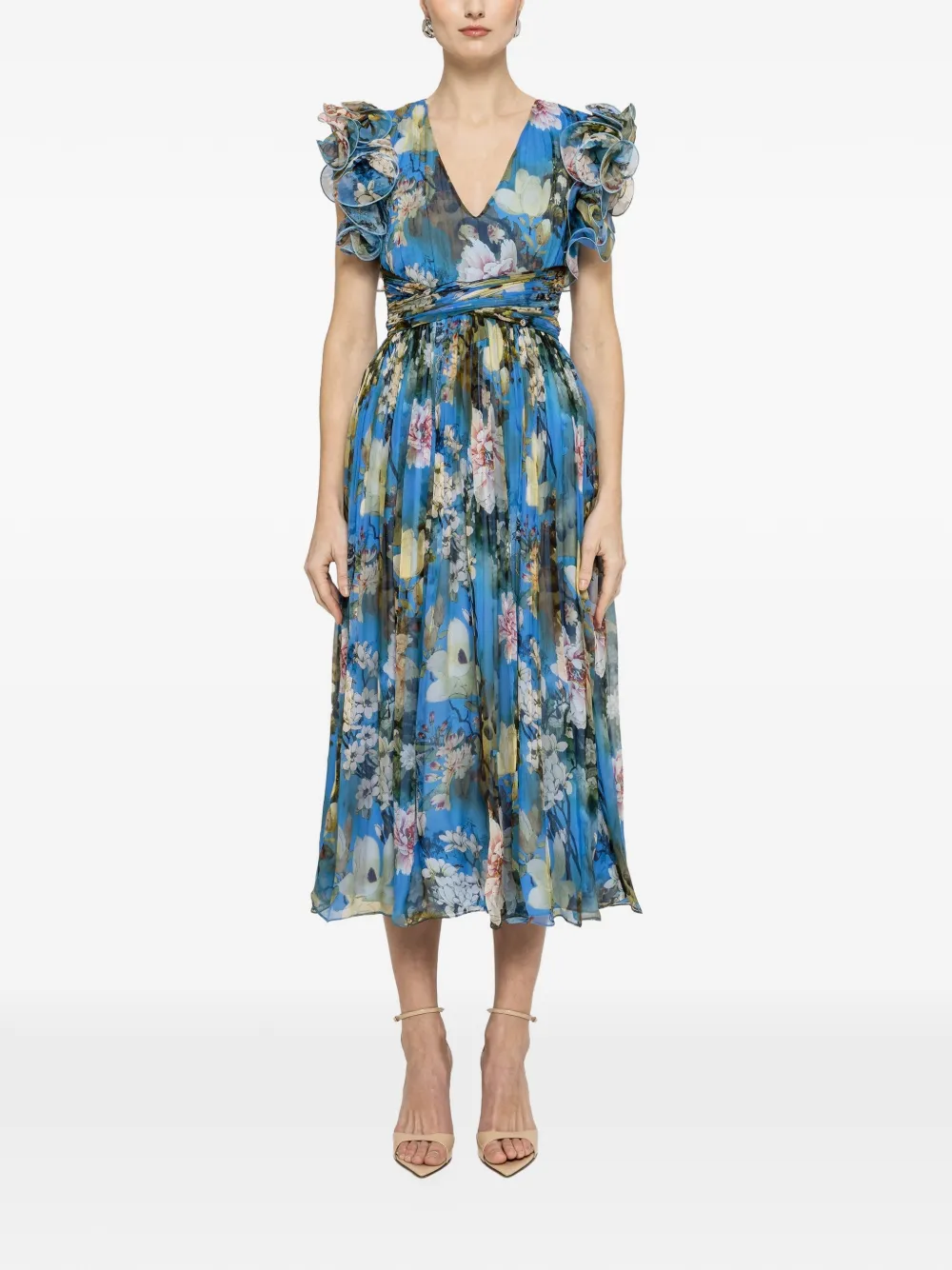 NISSA ruffled floral print midi dress - Blue