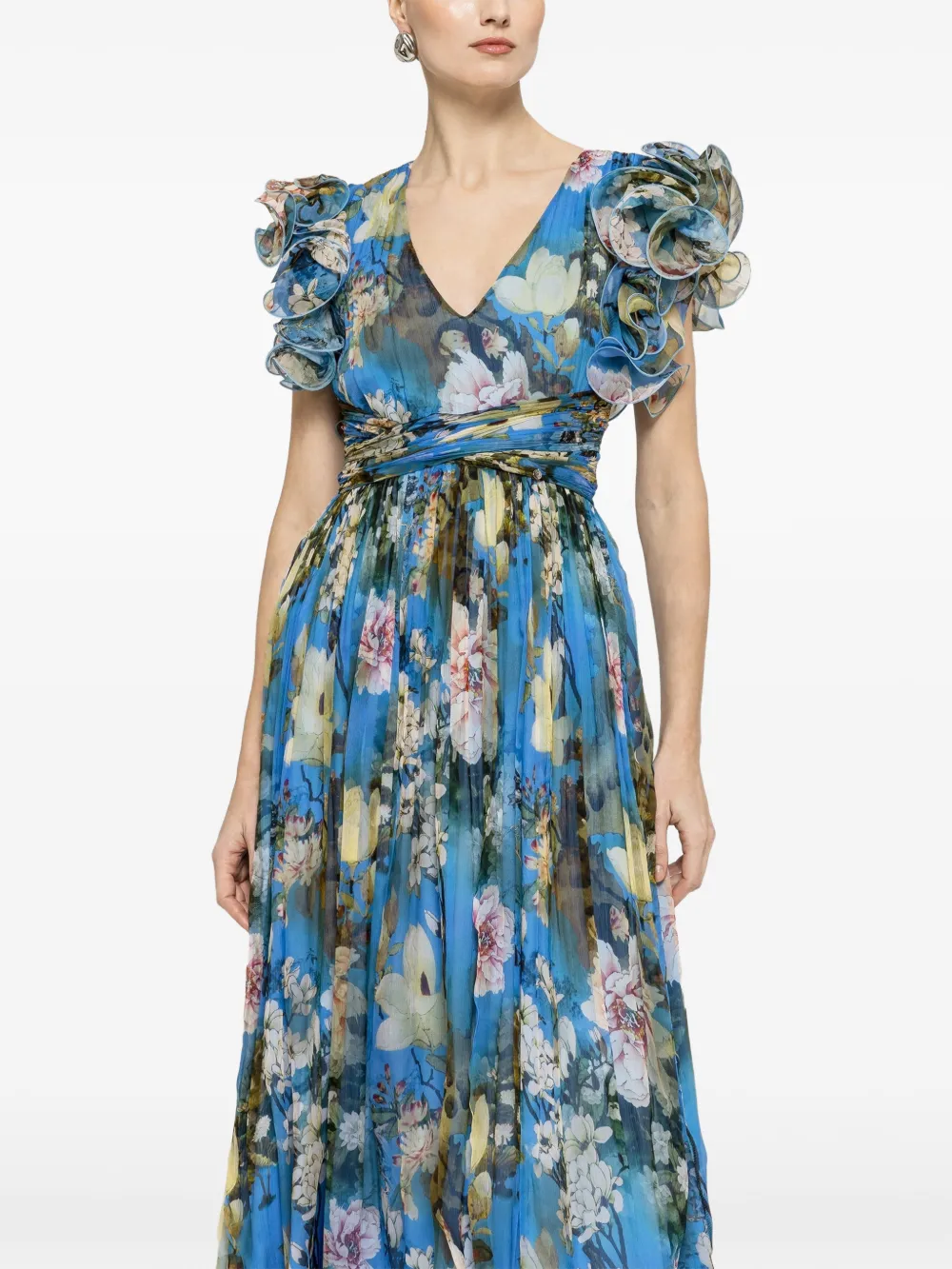 NISSA Midi-jurk met bloemenprint en ruches Blauw