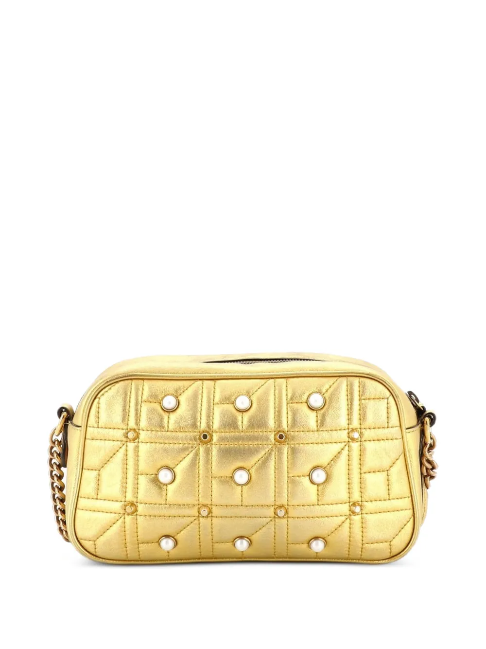  Gucci Pre-owned Pearly Gg Marmont Shoulder Bag Embellished Matelasse Leather Small Crossbody Bag - Gold 