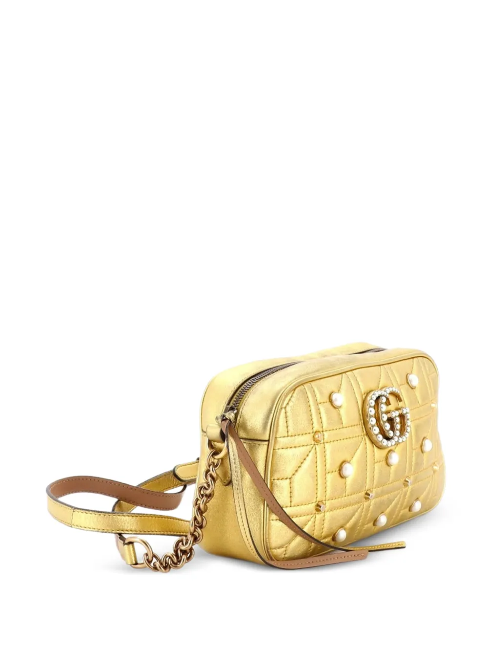  Gucci Pre-owned Pearly Gg Marmont Shoulder Bag Embellished Matelasse Leather Small Crossbody Bag - Gold 