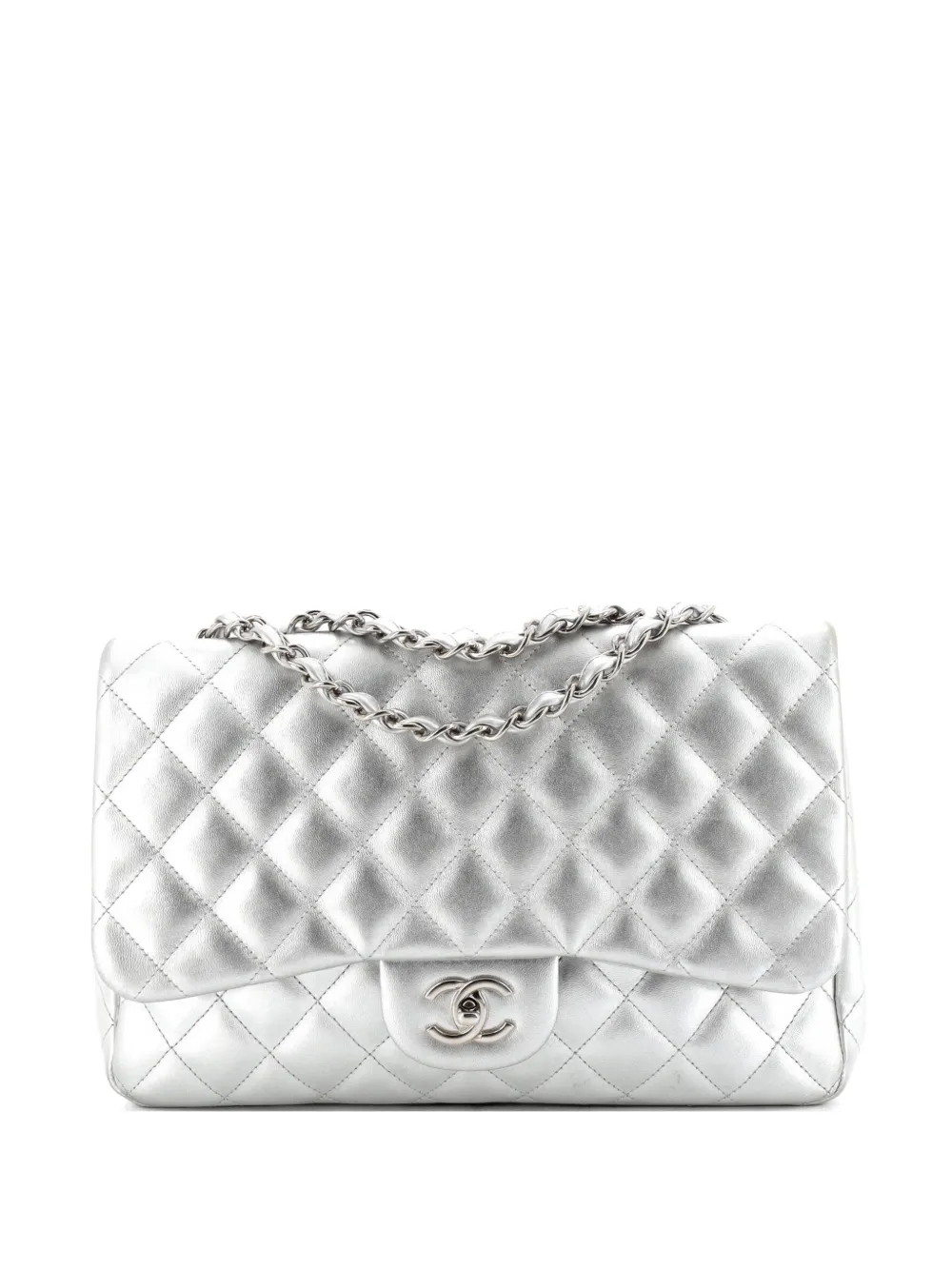 CHANEL Pre-Owned Classic Single Flap Bag Quilted Lambskin Jumbo shoulder bag - Argento