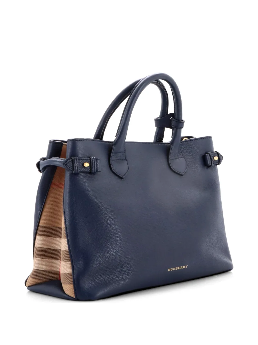  Burberry Pre-owned Banner Tote Leather And House Check Canvas Medium Satchel - Blue 