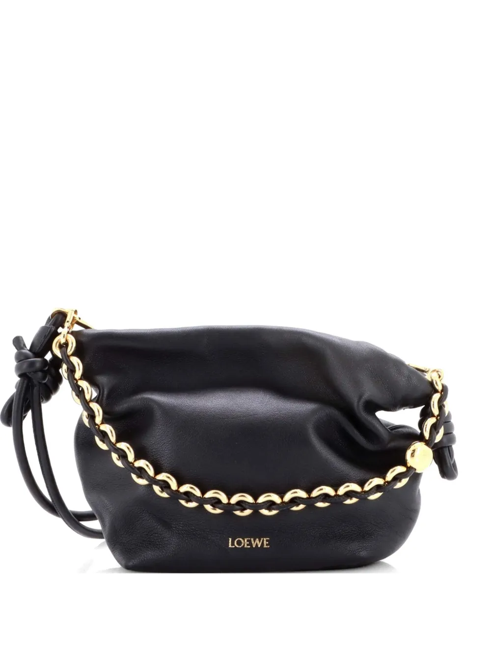 Pre-owned Loewe Flamenco Knot Chain Purse Bag Leather Mini Bucket Bag In Black