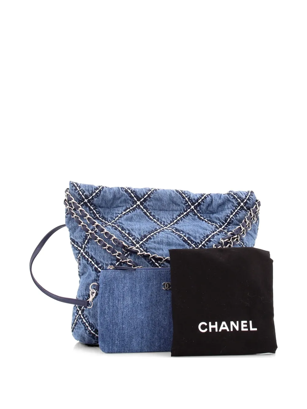 22 Chain Quilted Stitched Denim Small Hobo Bag