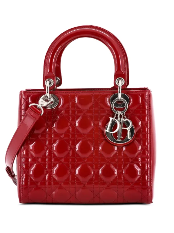 Dior Pre-owned Lady Dior Bag Cannage Quilt Patent Medium Satchel in Red