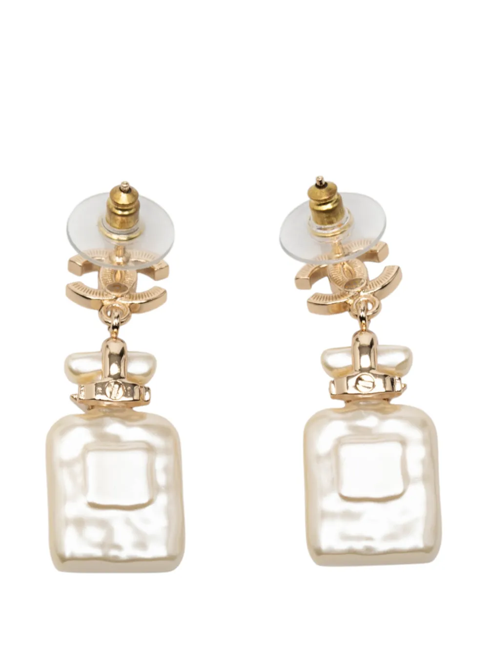  Chanel Pre-owned 2023 Cc Gold Plated And Resin Pearl Crystal Perfume Bottle Drop Earrings Costume Earrings - White 