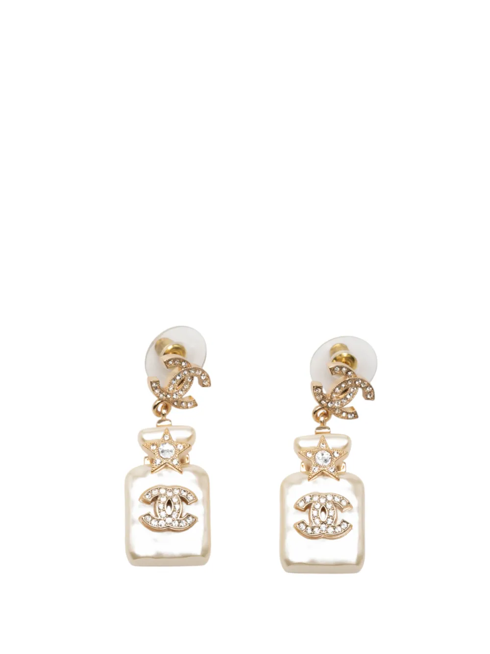 CHANEL Pre-Owned 2023 CC Gold Plated and Resin Pearl Crystal Perfume Bottle Drop Earrings costume earrings - Bianco