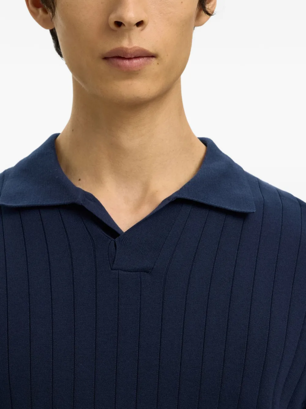  Selected Ribbed Polo-collar Sweater - Blue 