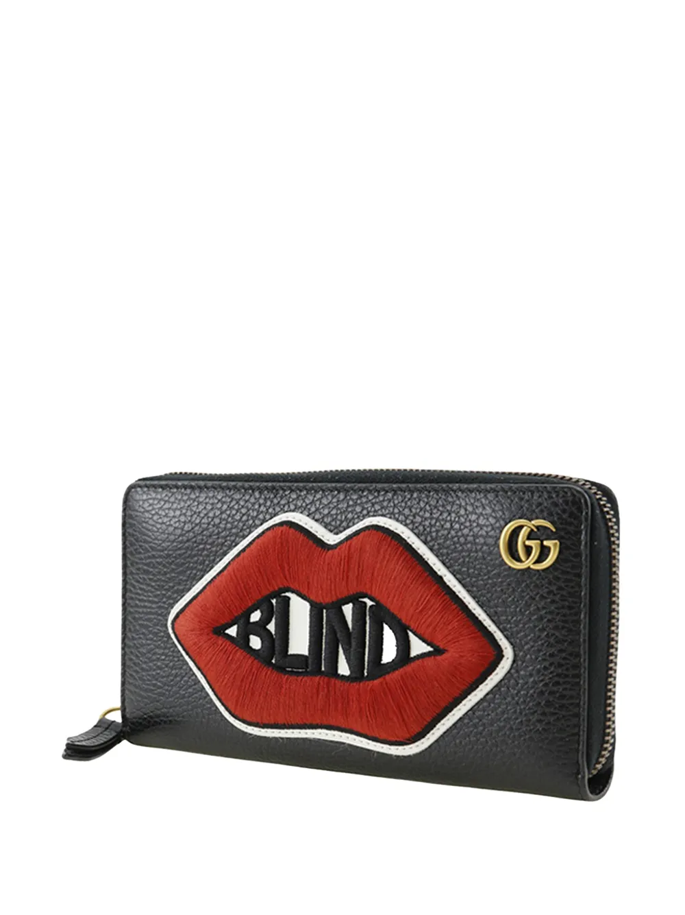  Gucci Pre-owned 2016-2026 Gg Marmont Pebbled Calfskin Embroidered Blind For Love Zip Around Wallet Long Wallets - Black 
