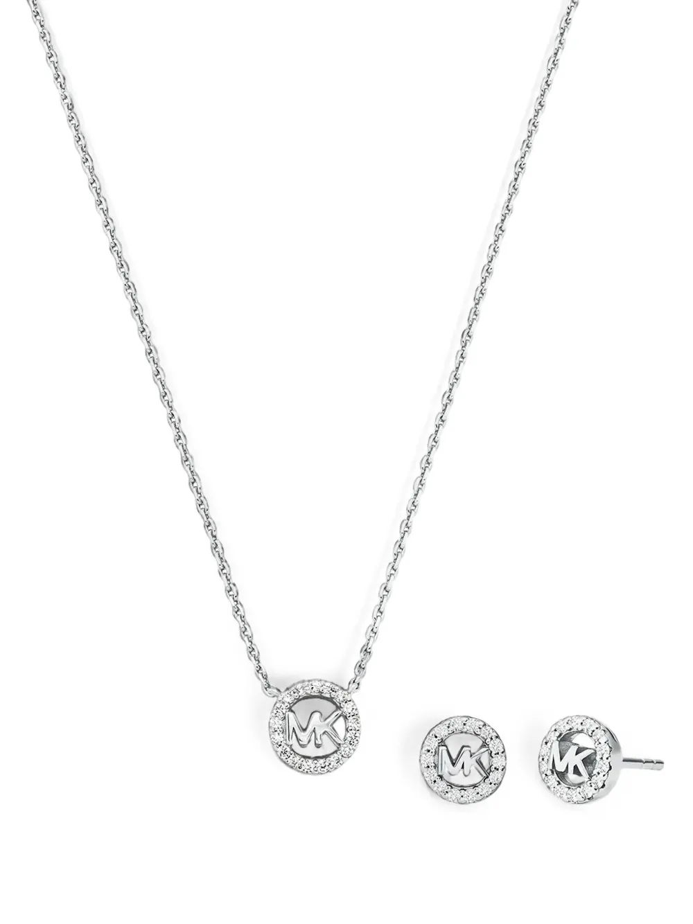 Michael Kors Fulton precious-metal plated sterling silver pavé-logo charm necklace and earrings gift set - Argento