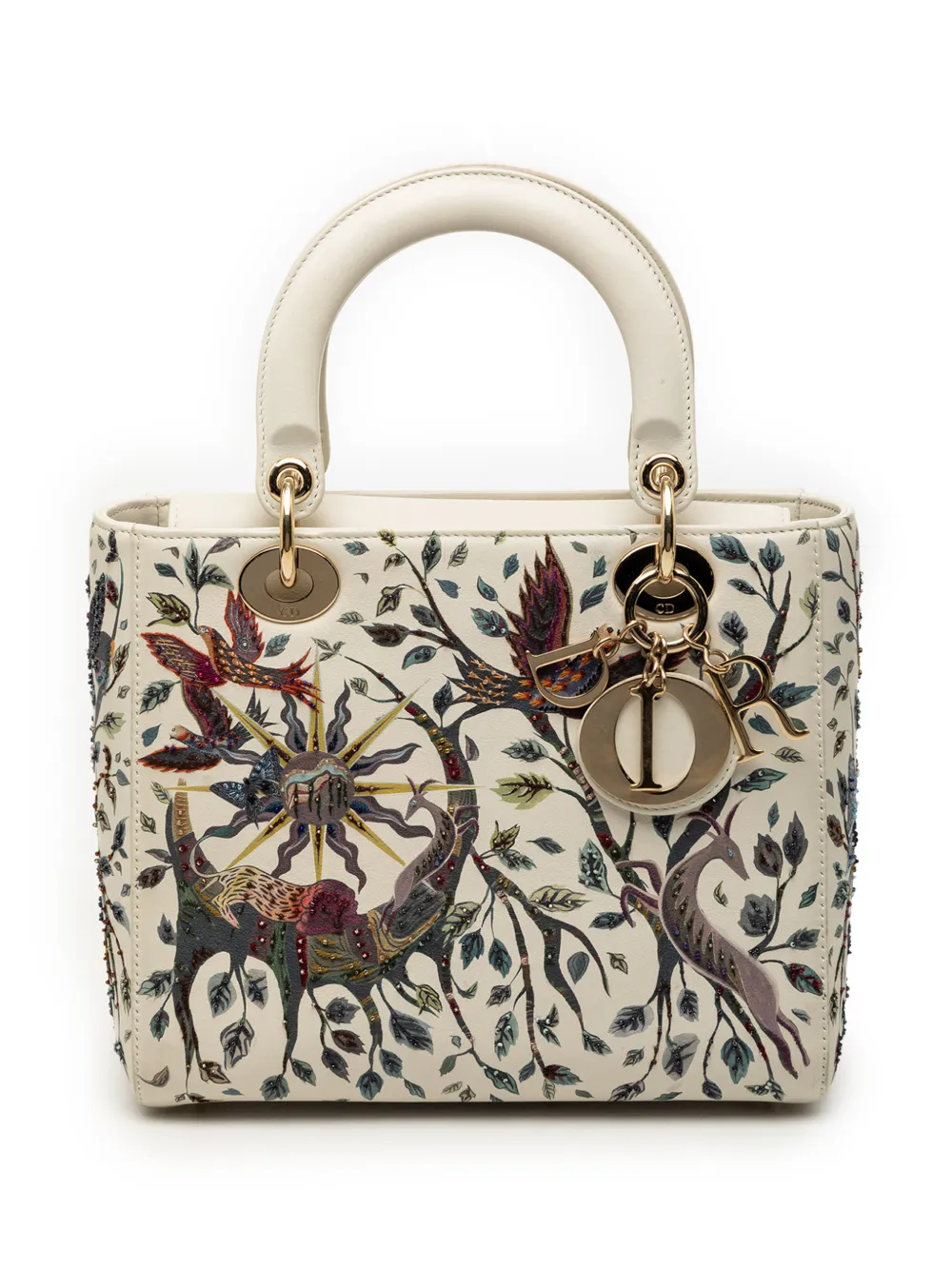 Christian Dior Pre-Owned 2019 Medium Calfskin Beaded and Embroidered Earth Lady Dior satchel - Bianco
