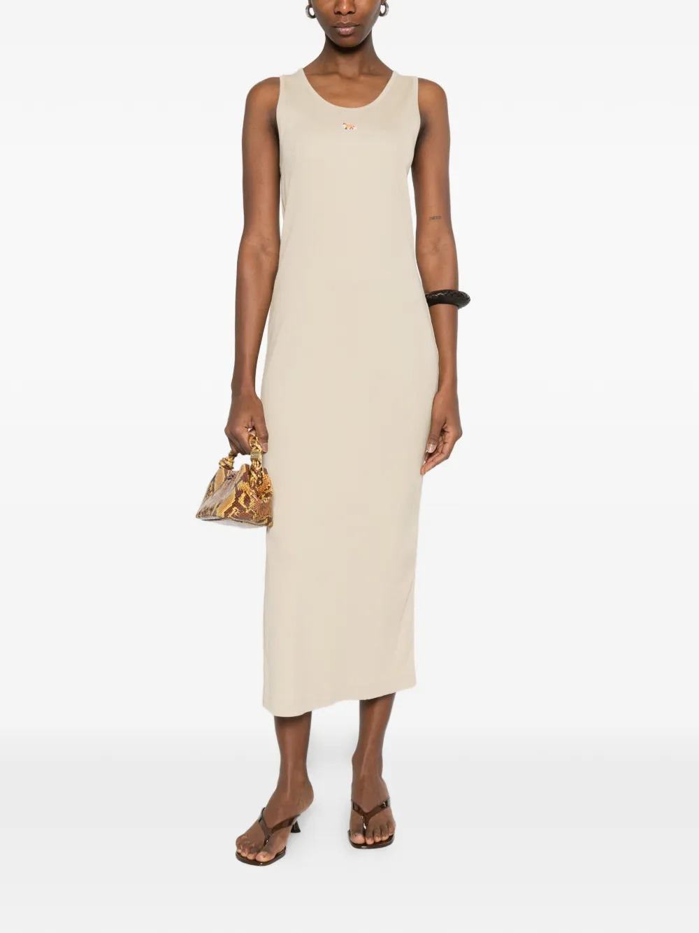  Maison Kitsuné Embroidered Side-slit Midi Dress - Neutrals 
