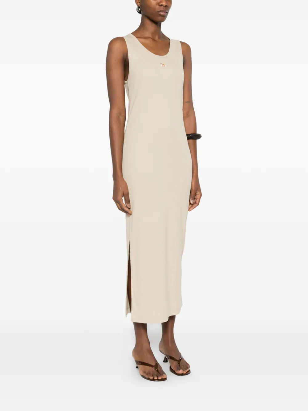  Maison Kitsuné Embroidered Side-slit Midi Dress - Neutrals 