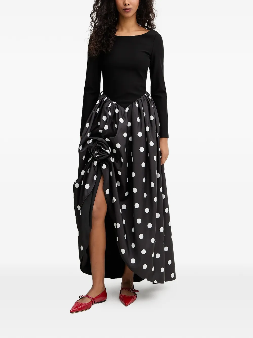 Sleeper Aurora polka dot-pattern flower-embellishment maxi dress - Nero