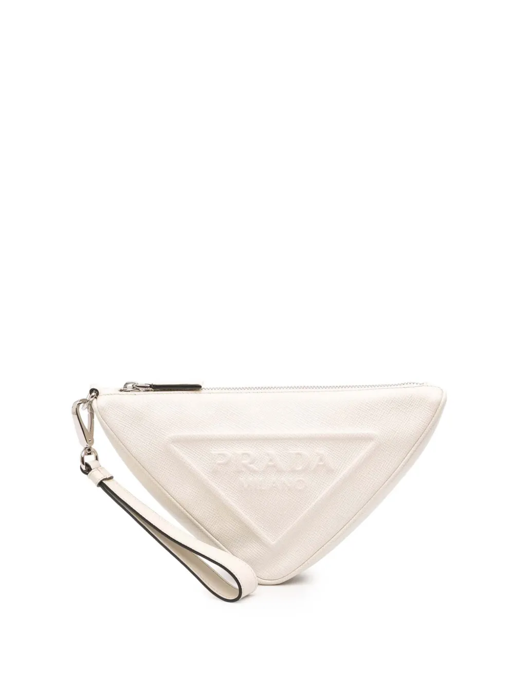 Prada Pre-Owned 2013-2025 Saffiano Logo Embossed Triangle Wristlet Pouch clutch bag - Bianco