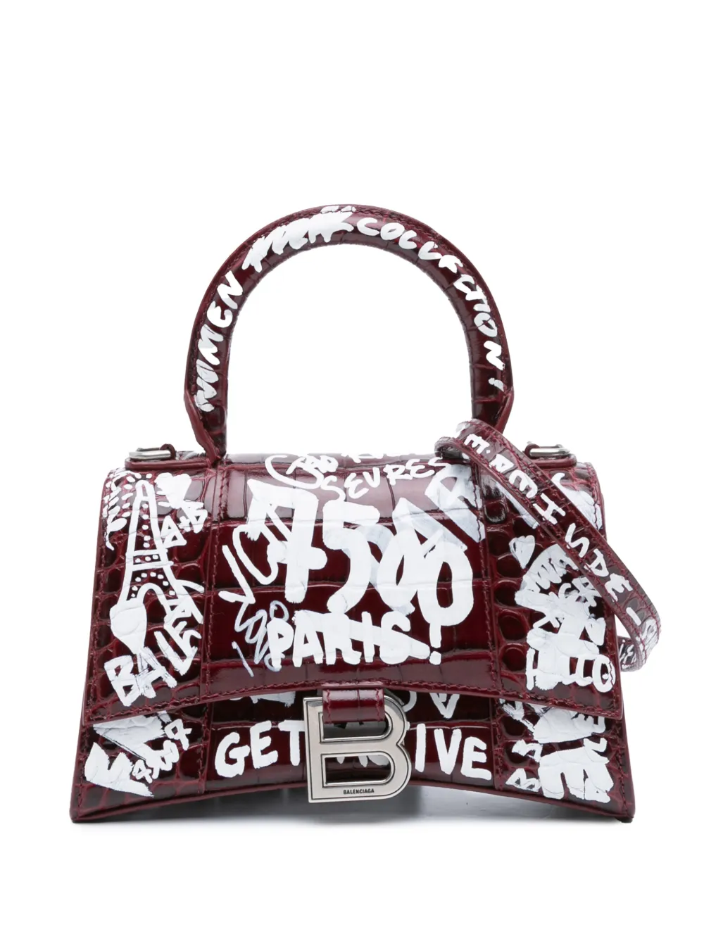 Balenciaga Pre-Owned 2020 XS Croc Embossed Calfskin Graffiti Hourglass Top Handle Bag satchel - Rosso