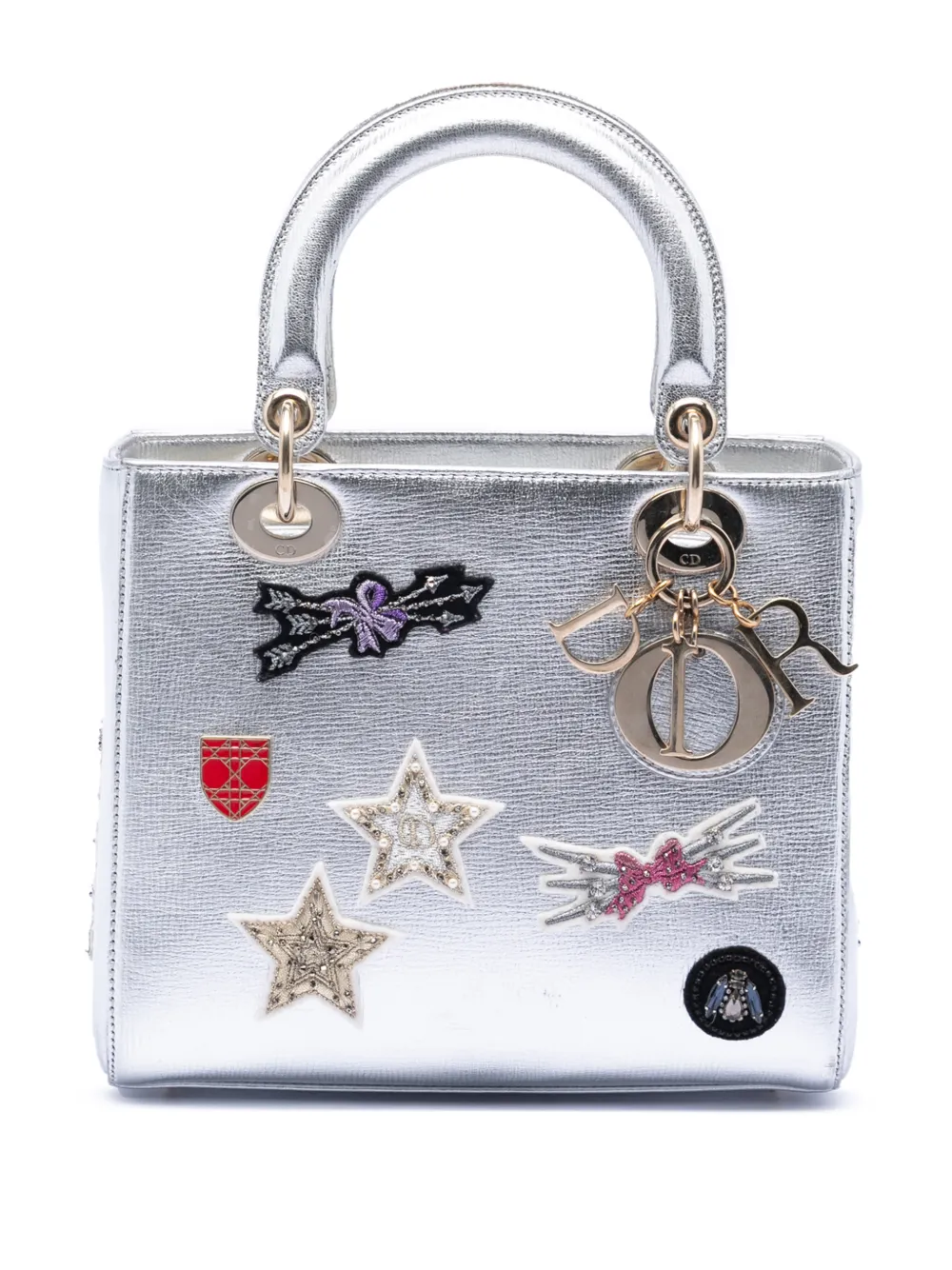 Christian Dior Pre-Owned 2016 Medium Calfskin Patch Embellished Lady Dior satchel - Argento