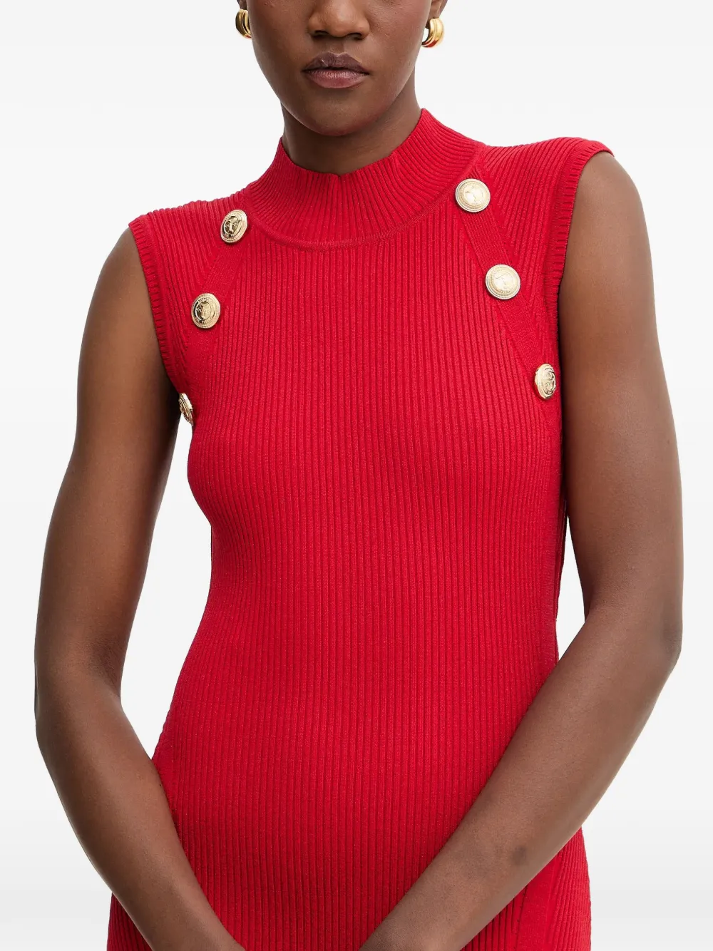 Retrofete Midi-jurk met knoopdetail Rood