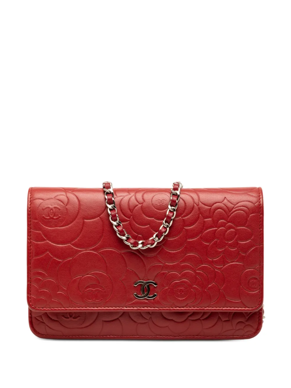 CHANEL Pre-Owned 2014 CC Embossed Lambskin Camellia Wallet On Chain crossbody bag - Rosso