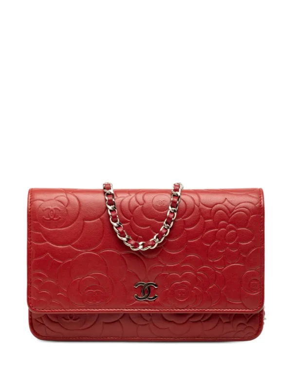 Chanel Pre-owned 2014 CC Embossed Lambskin Camellia Wallet on Chain Crossbody Bag in Red