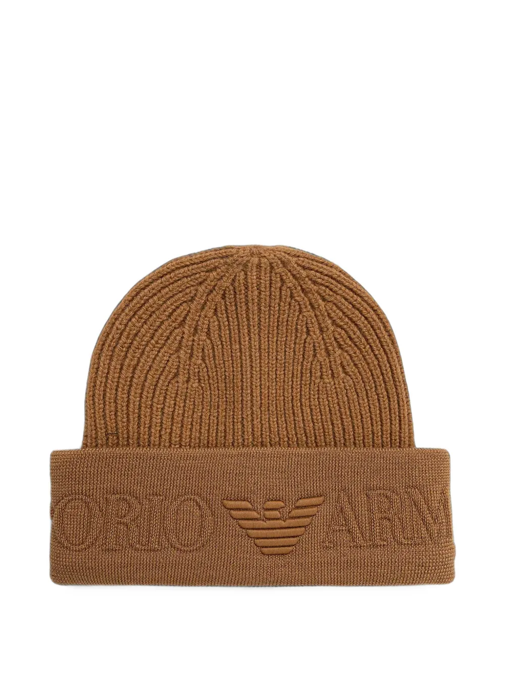Emporio Armani logo-embroidered ribbed-knit beanie hat - Marrone