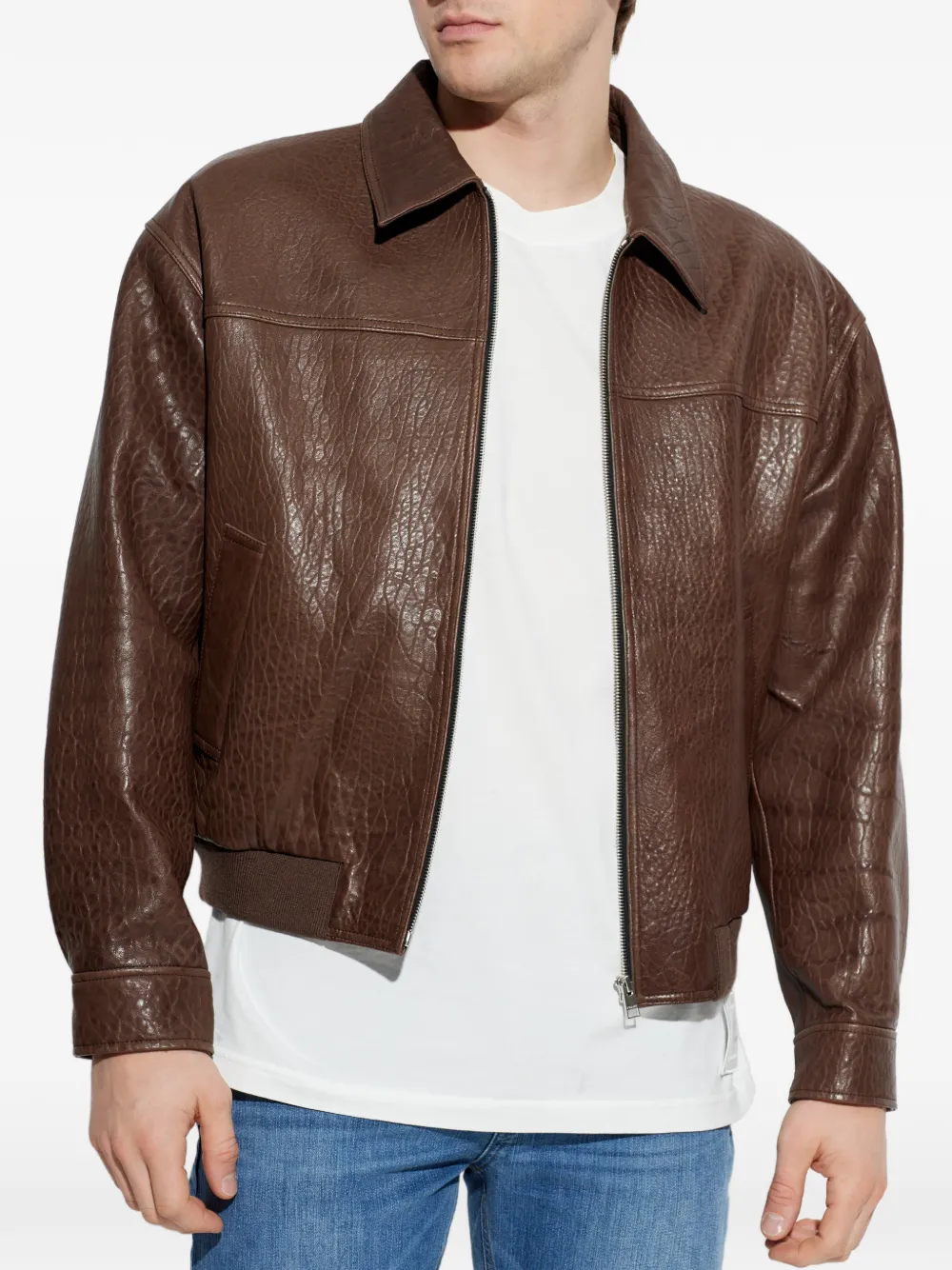  Frame Zip Leather Jacket - Brown 