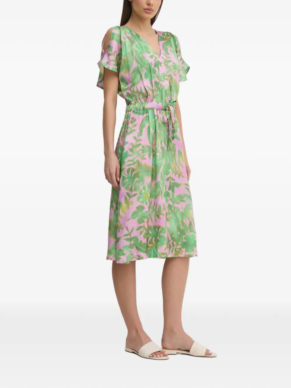 La Petite Française Ronnie midi-jurk met bloemenprint en gestrikte taille Groen