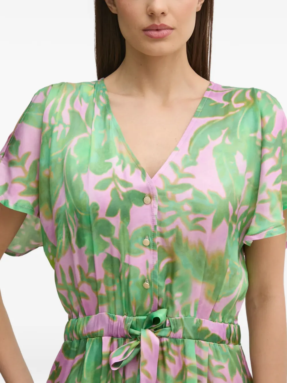 La Petite Française Ronnie midi-jurk met bloemenprint en gestrikte taille Groen