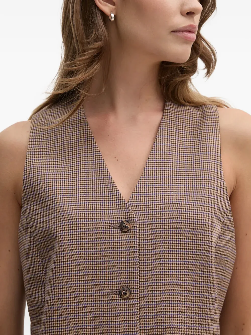 La Petite Française Gratifiant gilet met pied-de-poule print en V-hals Bruin