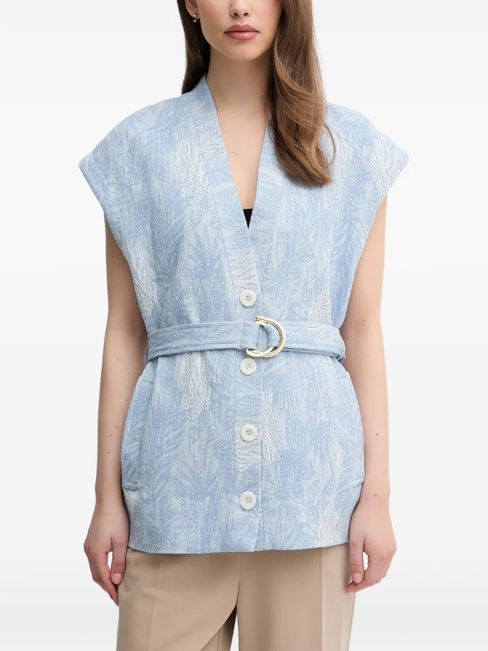 La Petite Française Vangelis leaf-print belted top - Blu