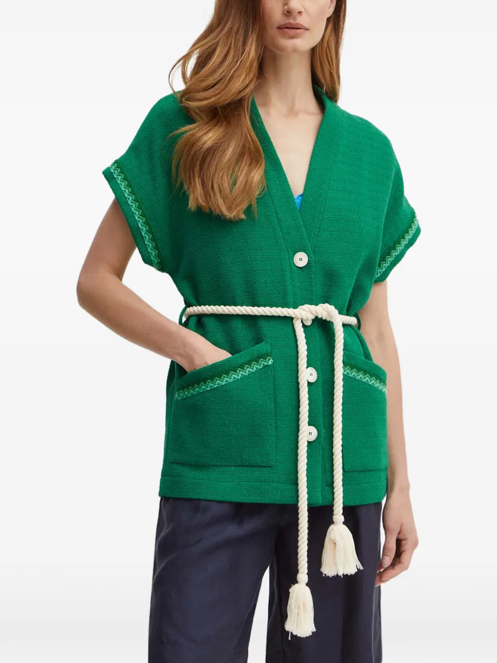 La Petite Française Verdict rope-belt V-neck cardigan - Verde