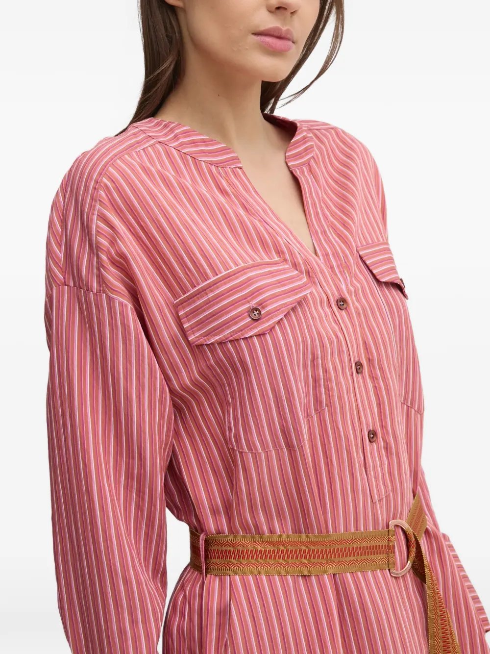 La Petite Française Reda gestreepte midi-blousejurk met borstzak Roze
