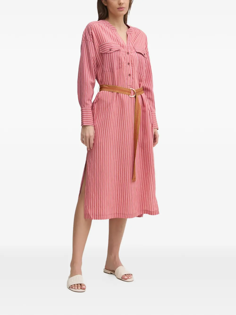 La Petite Française Reda gestreepte midi-blousejurk met borstzak Roze