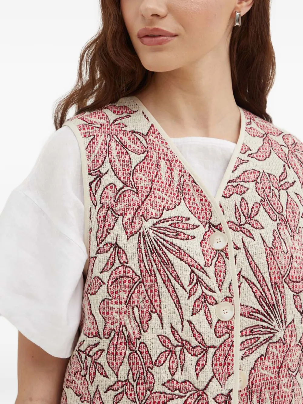 La Petite Française Gamin gilet met bloemenprint en V-hals Beige