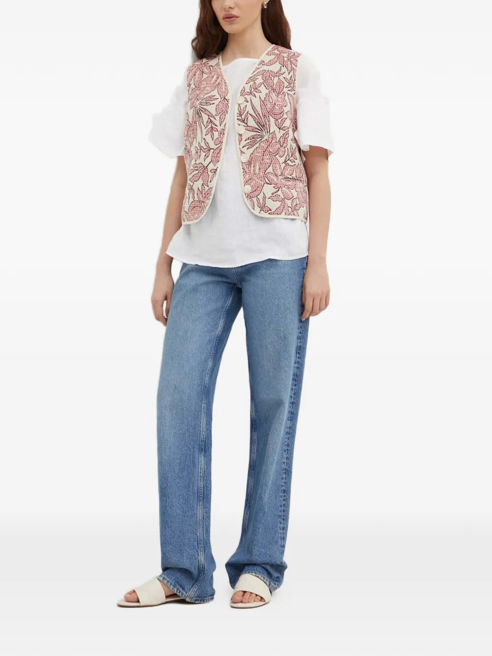 La Petite Française Gamin gilet met bloemenprint en V-hals Beige