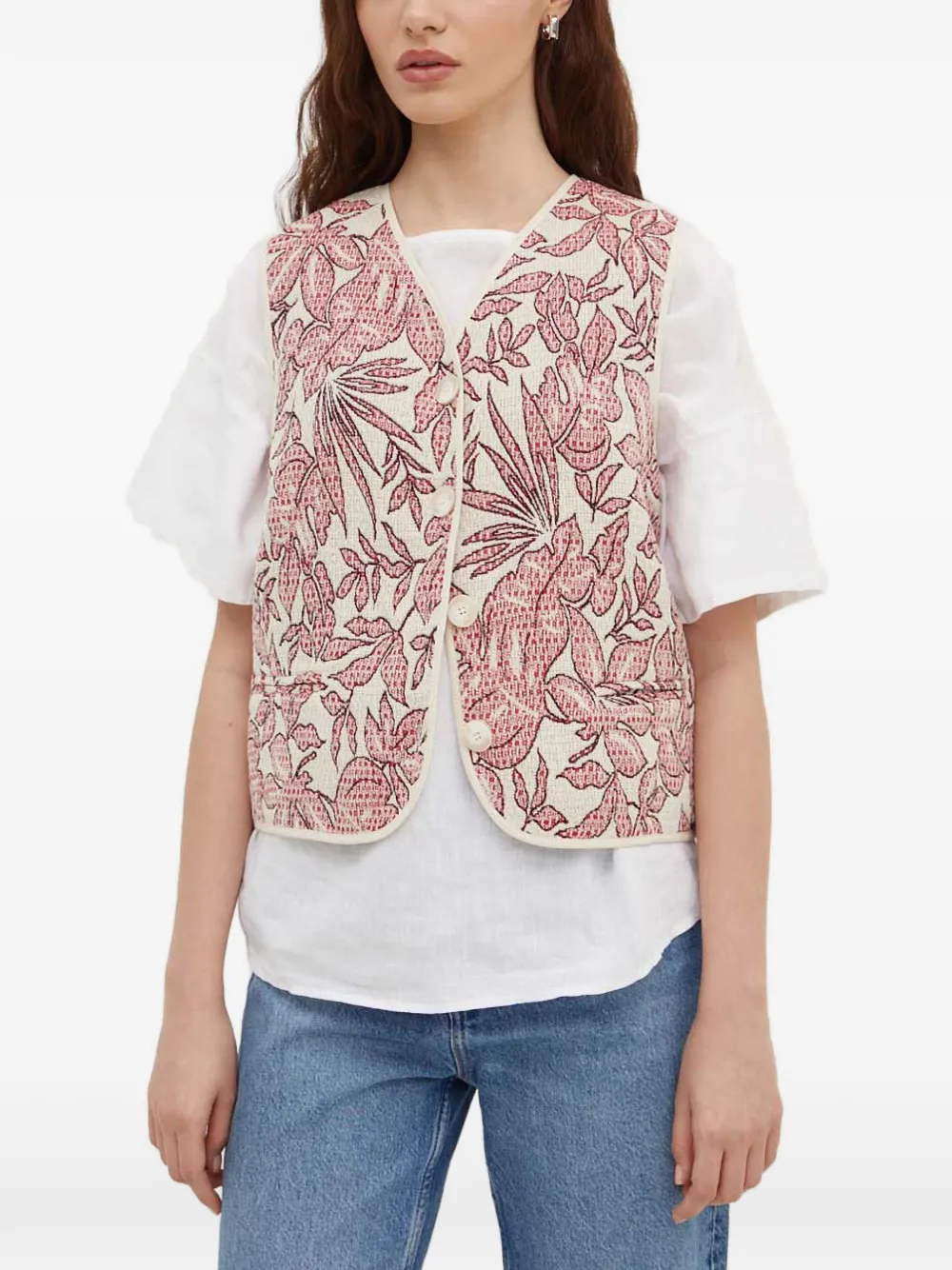 La Petite Française Gamin gilet met bloemenprint en V-hals Beige