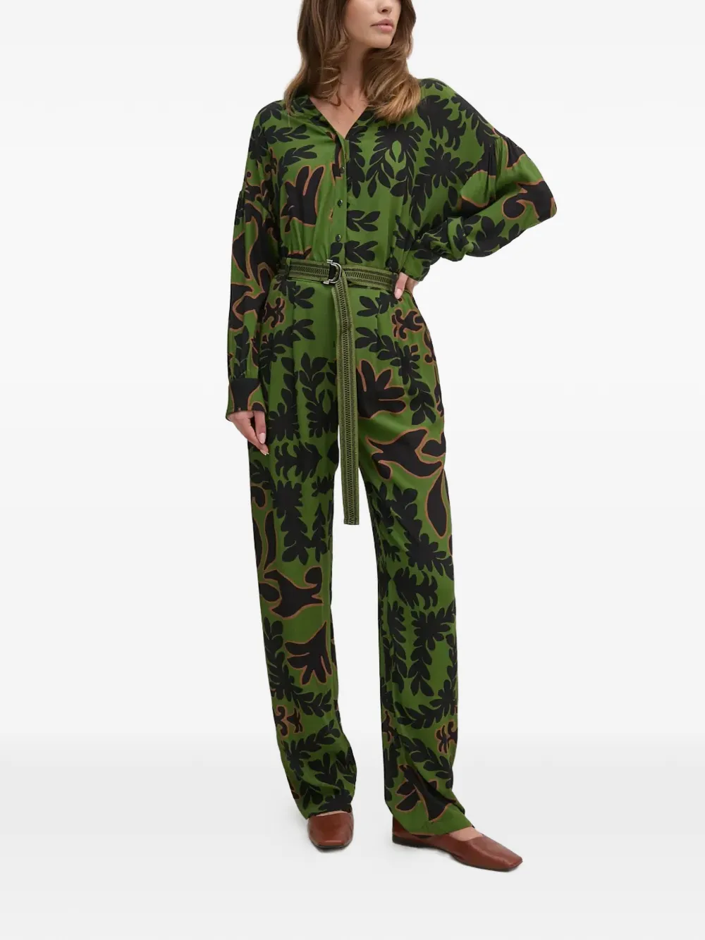 La Petite Française Pony broek met bloemenprint en ceintuur Groen