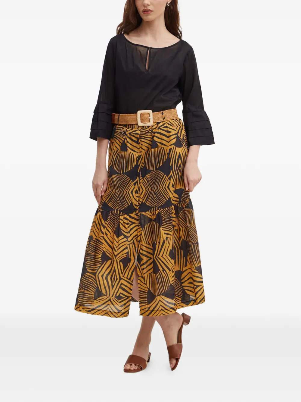 Jabot Geometric-Print Midi Skirt