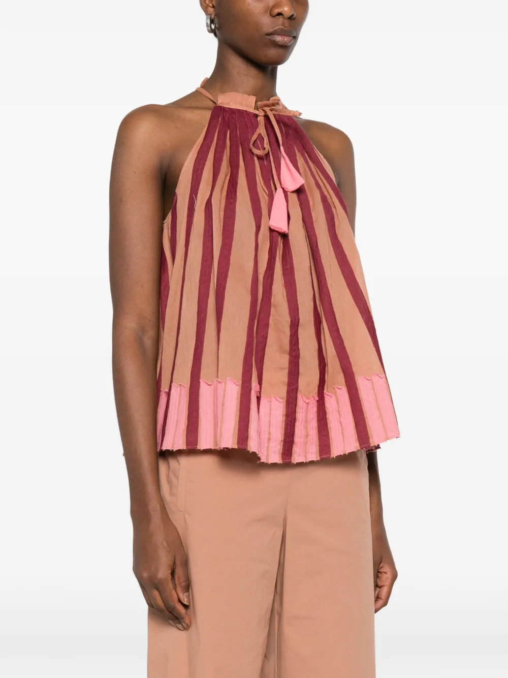  Niu Striped Tassel Blouse - Brown 