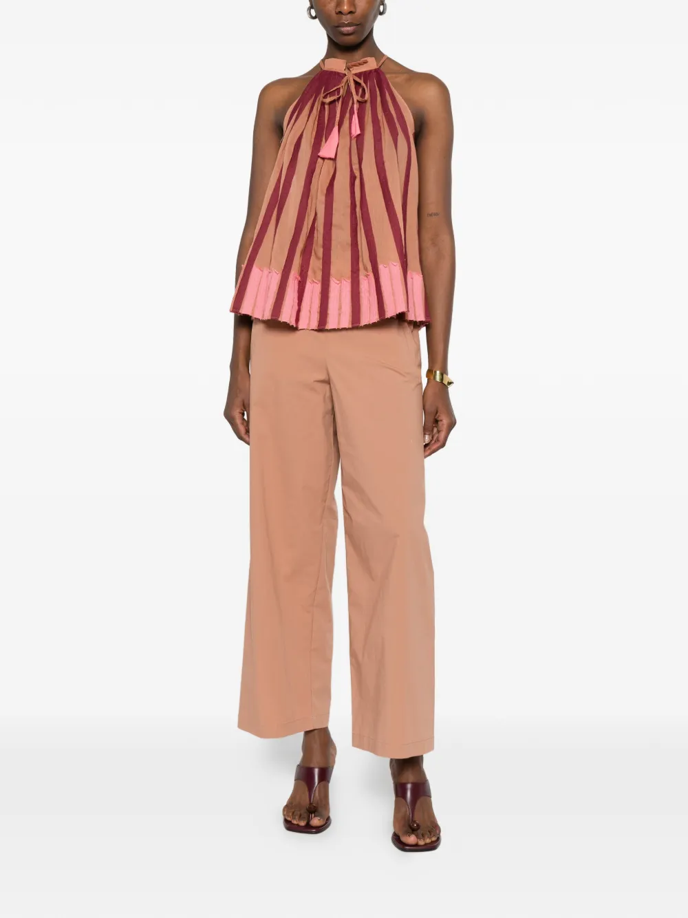  Niu Striped Tassel Blouse - Brown 