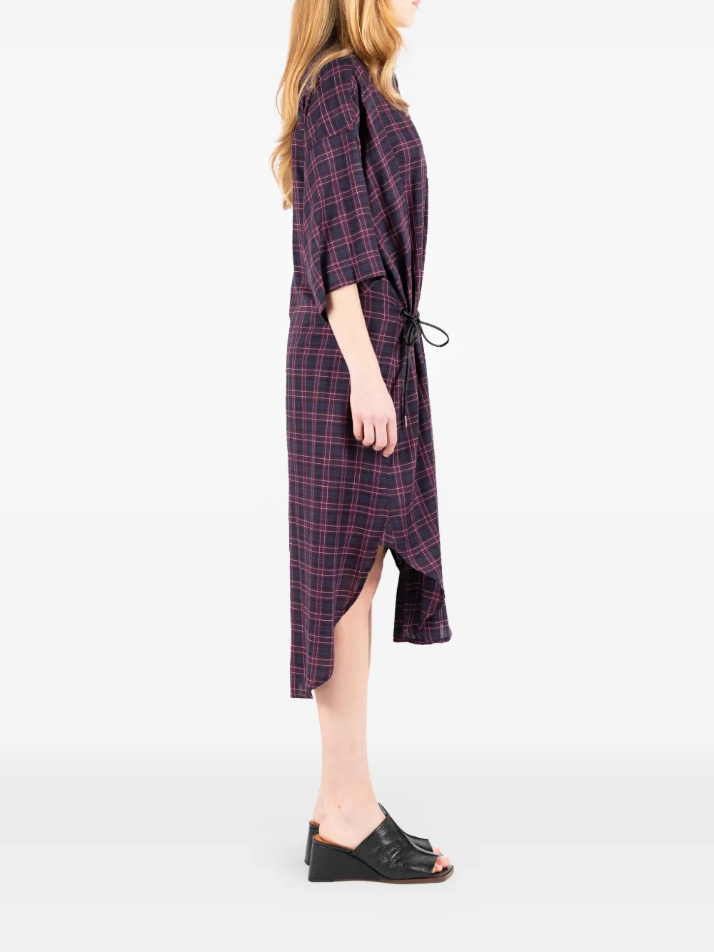 Société Anonyme Geruite midi-jurk met gestrikte taille Blauw