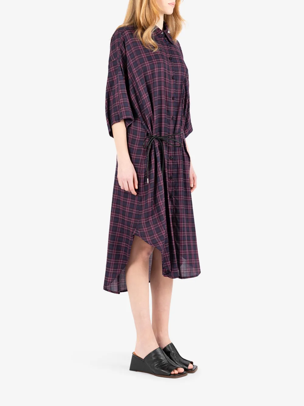Société Anonyme Geruite midi-jurk met gestrikte taille Blauw