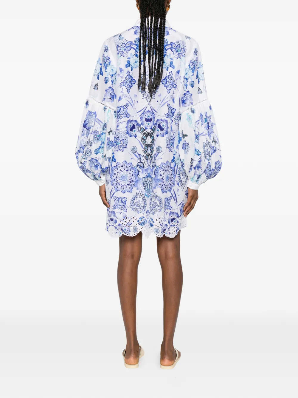 Camilla Mini-jurk met bloemenprint en gewelfde afwerking Wit