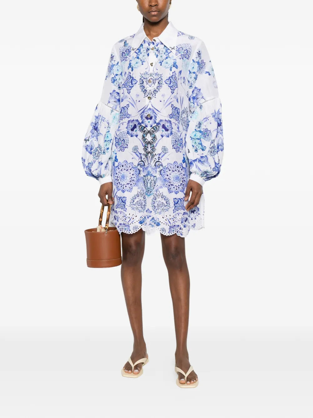 Camilla Mini-jurk met bloemenprint en gewelfde afwerking Wit