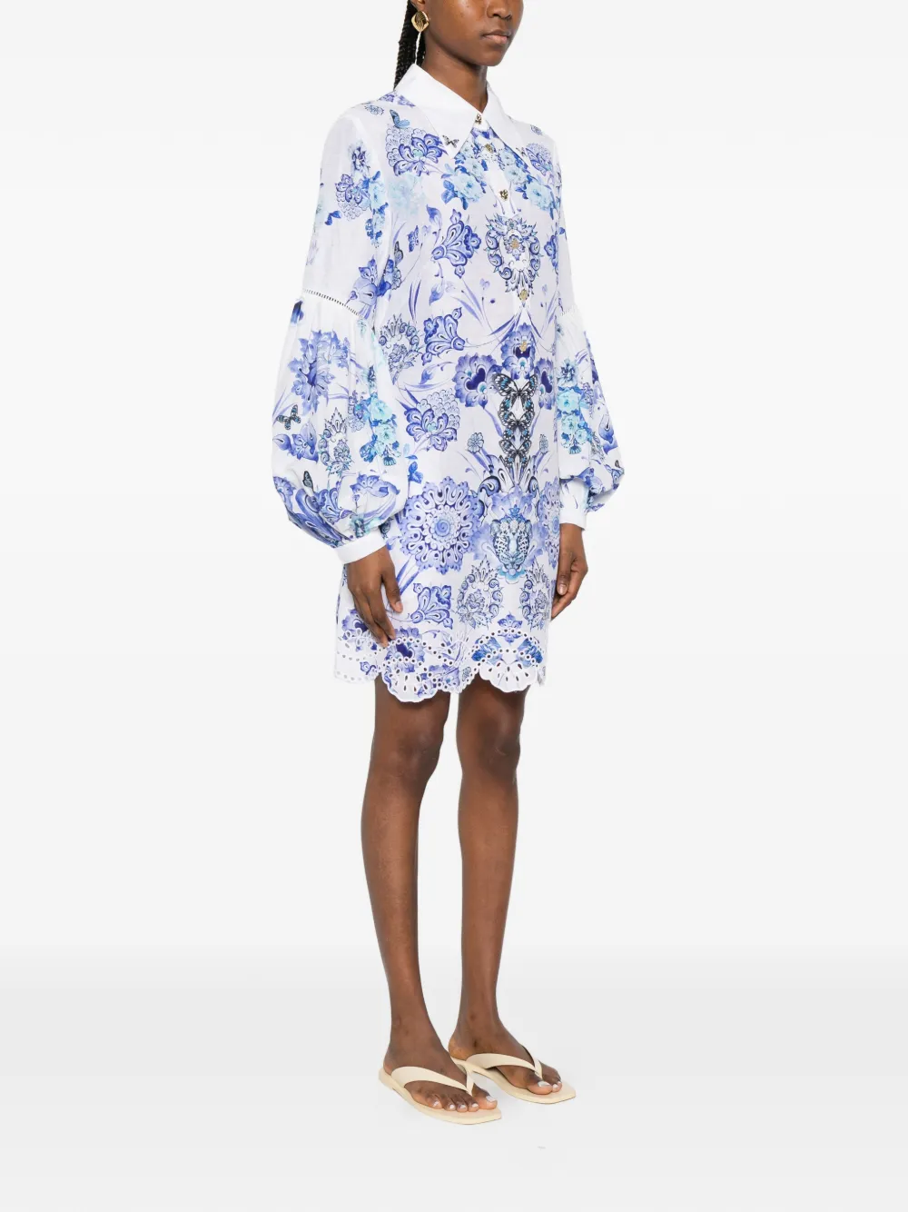 Camilla Mini-jurk met bloemenprint en gewelfde afwerking Wit