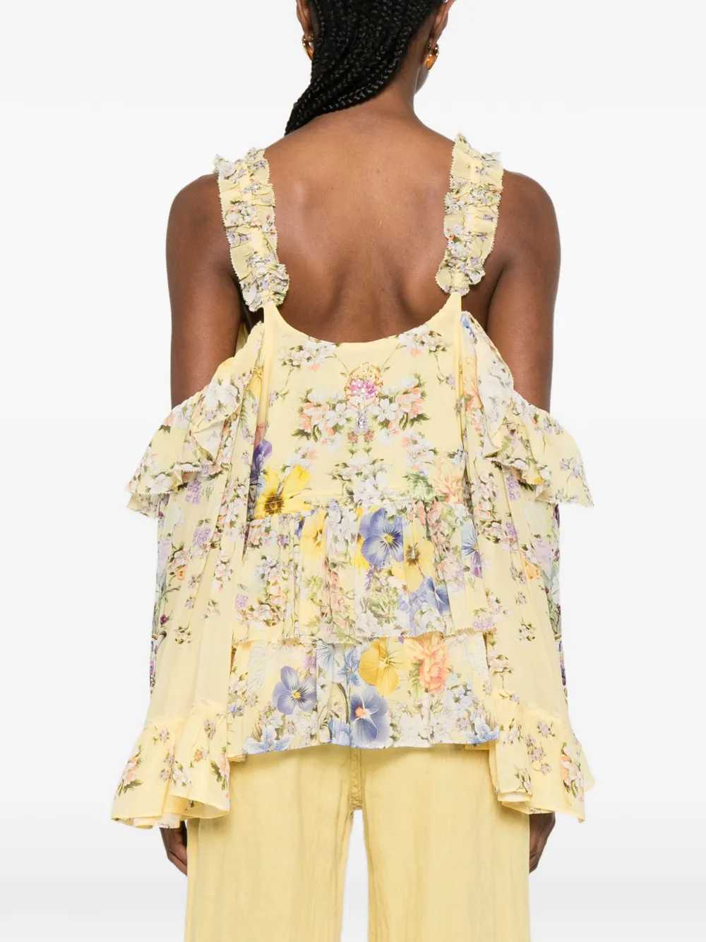 Camilla Top met ruches en bloemenprint Geel